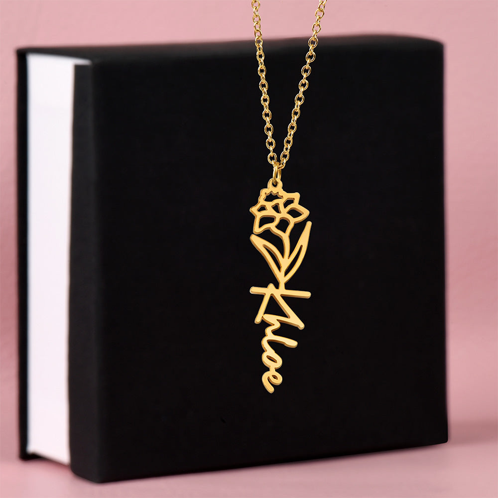 Personalised Birth Flower Name Necklace — Custom Vertical Nameplate, Silver or 18K Gold