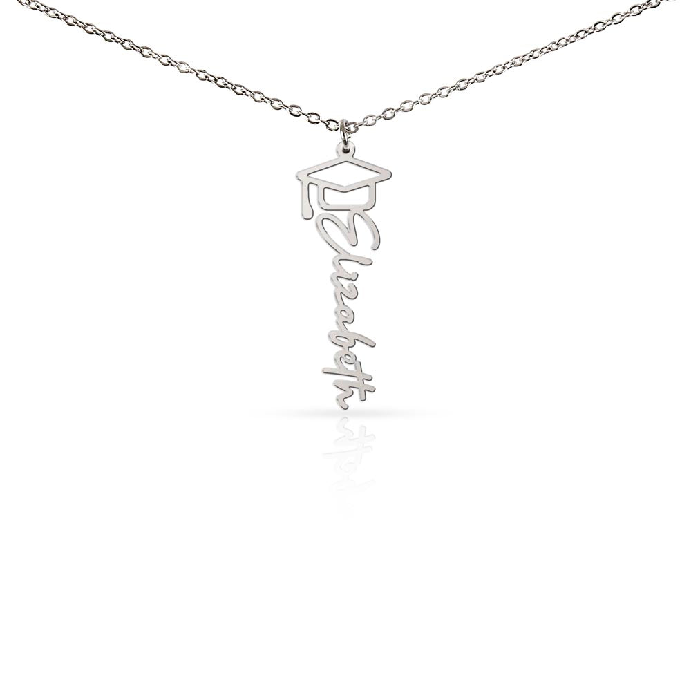 Personalised Graduation Cap Name Necklace — Custom Vertical Nameplate, Silver or 18K Gold