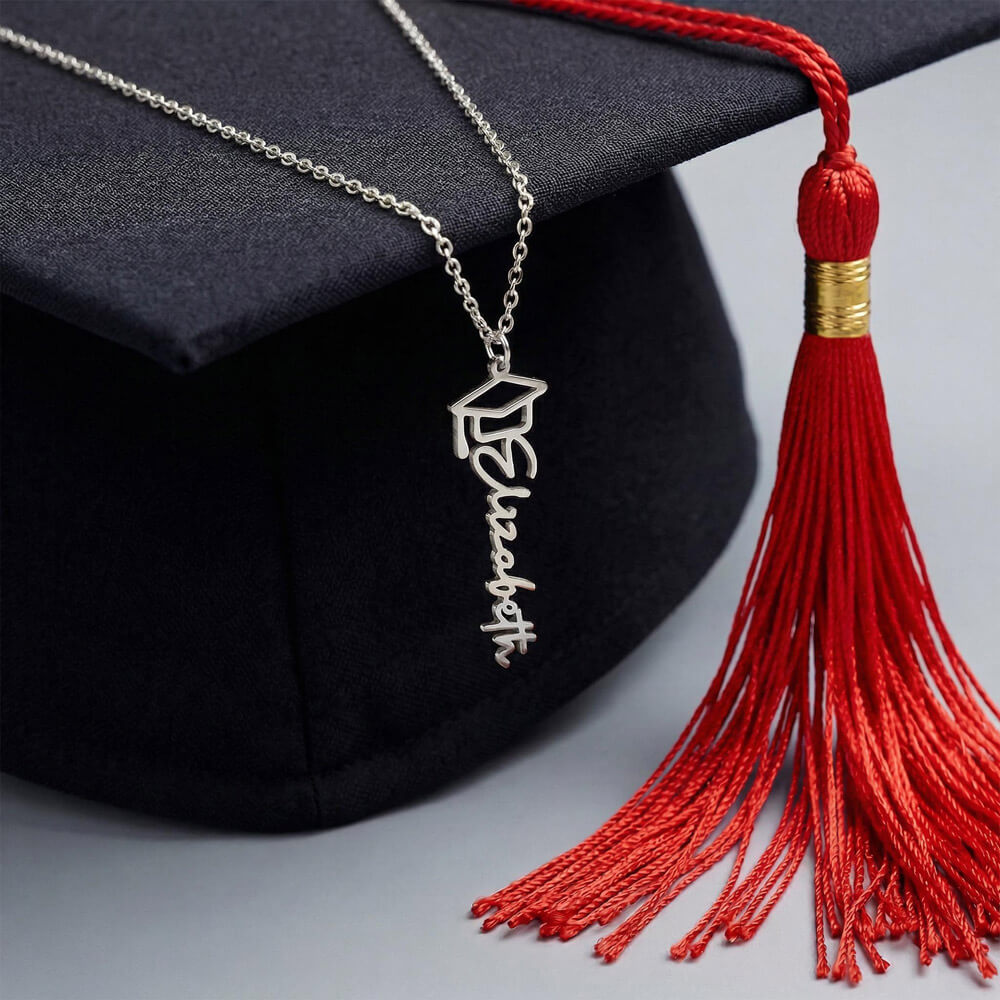 Personalised Graduation Cap Name Necklace — Custom Vertical Nameplate, Silver or 18K Gold