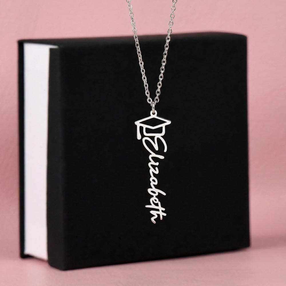 Personalised Graduation Cap Name Necklace — Custom Vertical Nameplate, Silver or 18K Gold