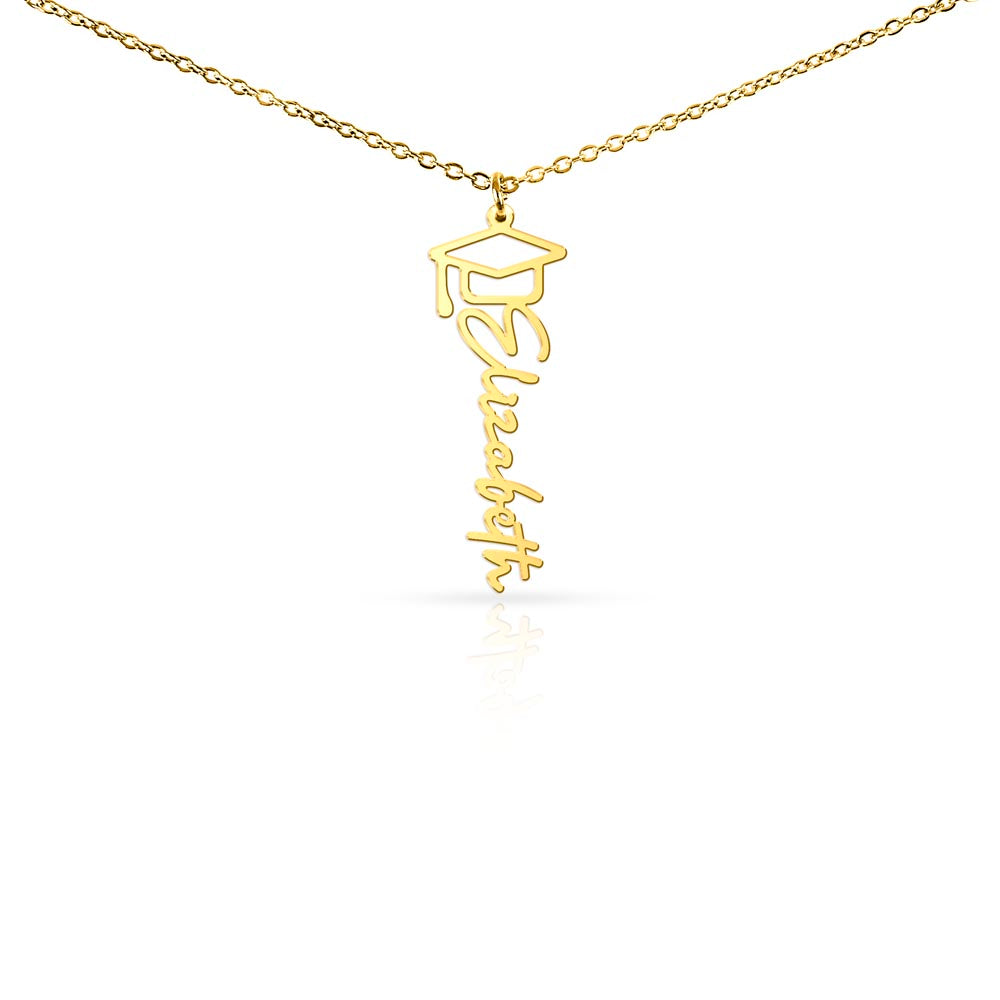 Personalised Graduation Cap Name Necklace — Custom Vertical Nameplate, Silver or 18K Gold