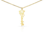 Personalised Graduation Cap Name Necklace — Custom Vertical Nameplate, Silver or 18K Gold