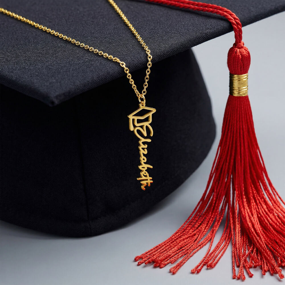 Personalised Graduation Cap Name Necklace — Custom Vertical Nameplate, Silver or 18K Gold