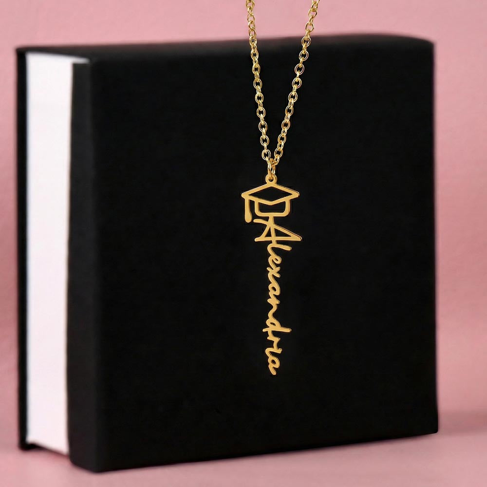 Personalised Graduation Cap Name Necklace — Custom Vertical Nameplate, Silver or 18K Gold