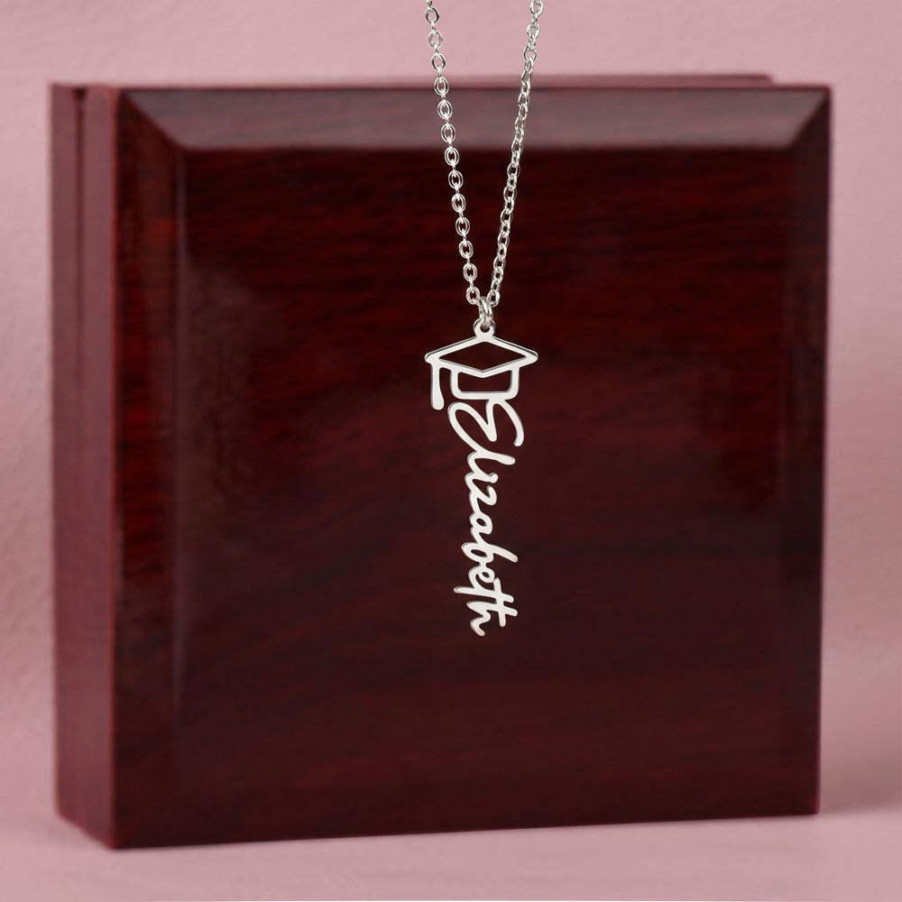 Personalised Graduation Cap Name Necklace — Custom Vertical Nameplate, Silver or 18K Gold