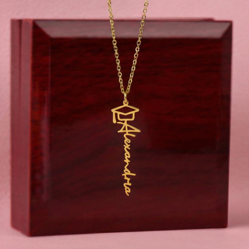 Personalised Graduation Cap Name Necklace — Custom Vertical Nameplate, Silver or 18K Gold