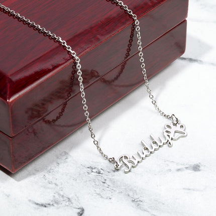 Personalised Paw Print Name Necklace — Custom Cursive Nameplate for Pet Lovers, Silver or 18K Gold